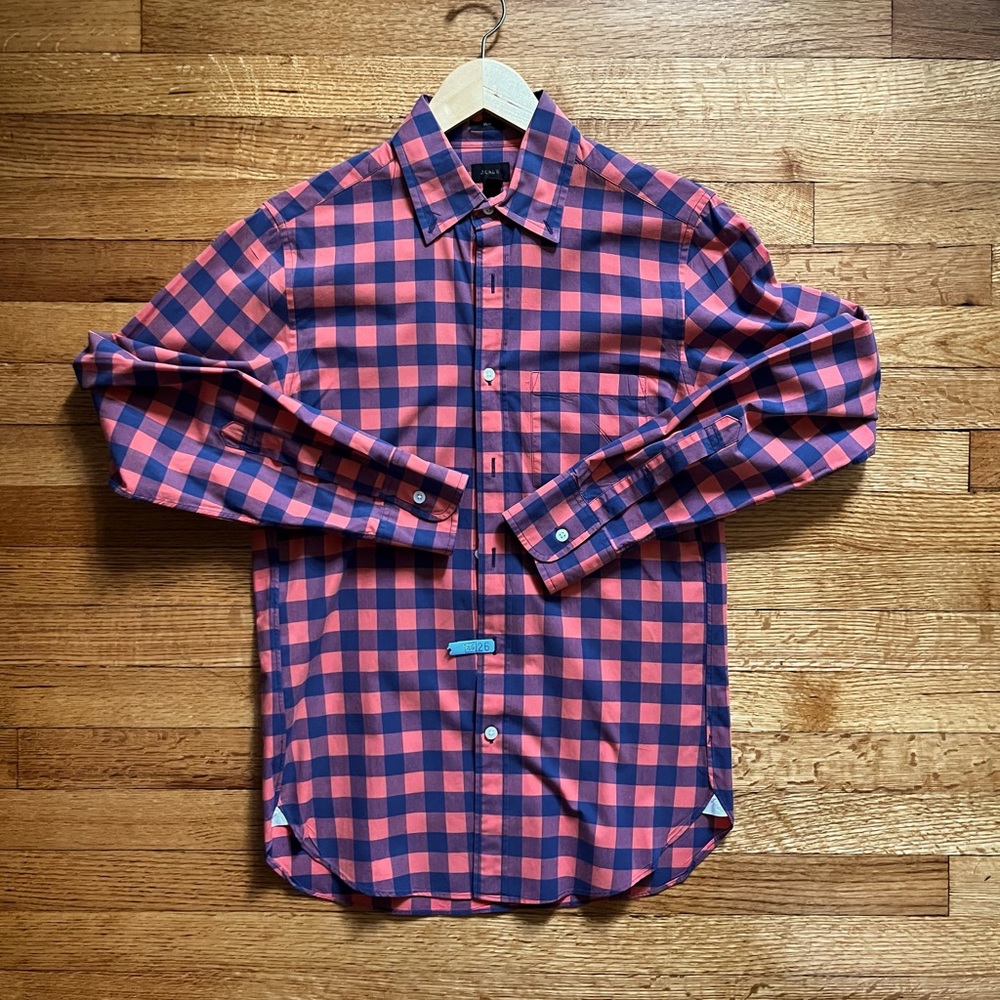 J.Crew Men’s, Oxford Slim fit, button down plaid shirt, Salmon/Navy, XS